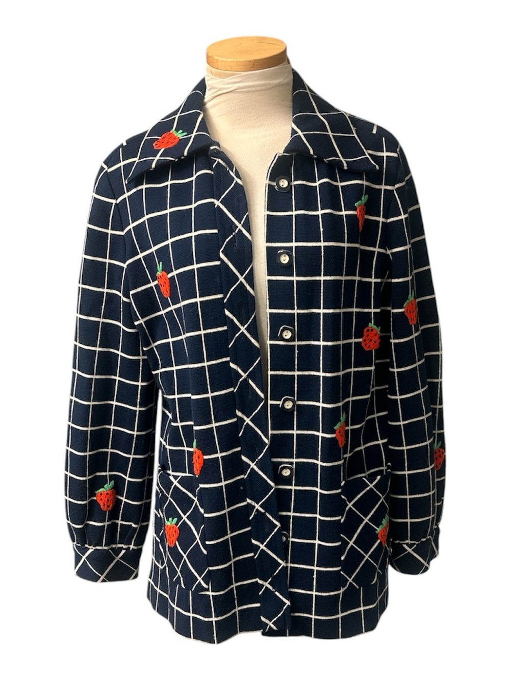 LeRoy Vintage Navy Grid Strawberry Embroidered Button-Front Jacket Size Large
